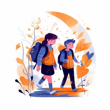 girl and boy together go to school illustration, the first of September, children storybook illustration. 2d, vibrant luminous colors, flat style, ink Lines, clipart, white empty background, sharp, high resolution, blue orange warm