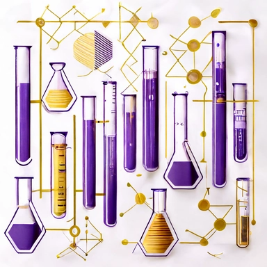 minamlisitc purple and gold chemistry test tubes, clip art style, repeating pattern, white background, bold lines