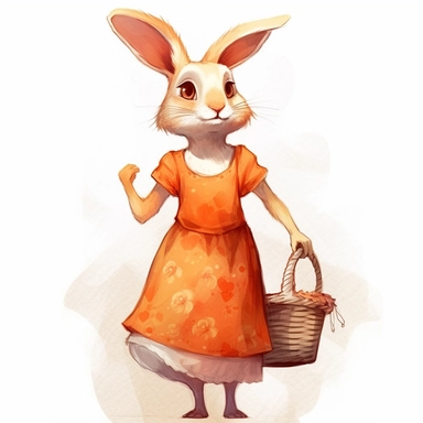 Adult female white rabbit holding a laundry basket, wearing a long orange dress, in profile, no hair, kind expression, for children`s book illustration style, Watercolor Clipart, strybk, full Illustration, 4k, sharp focus, watercolor, smooth soft skin, symmetrical, soft lighting, detailed face, concept art, muted colors, watercolor style, strybk, children's style fairy tales, chibi kawaii, . Octane rendering, 3d. Perfect face, detailed face, delicate face, perfect sharp lips, detailed eyes, wate
