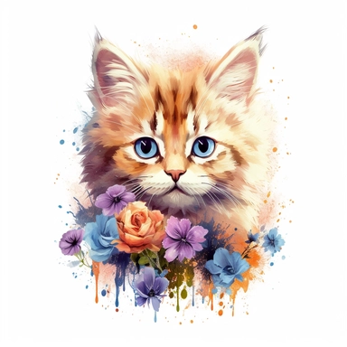 Beautiful colorful full kitten on flowers, summer vibes, hand drawing digital art, clean design, sublimation, colorful, watercolor style, white background, 4K, extremely detailed, clipart