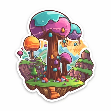 A sticker, artwork of t-shirt graphic featuring a whimsical candyland biome in digital painting style, filled with lollipop trees, gumdrop mountains, and chocolate rivers, with a white background, highly detailed clean, vector image, playful illustration, vibrant vector, clipart, realism, 4k, cinematic, front view, white background.