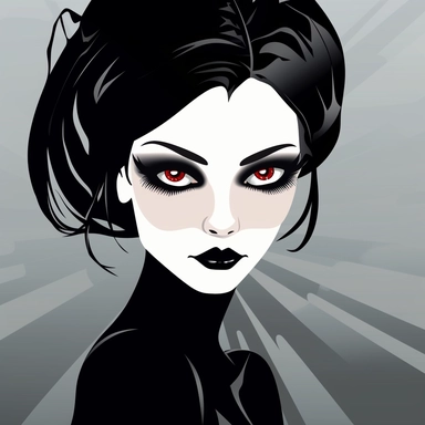 Illustrate a clipart image showcasing a goth woman with radiant eyes that shine brightly. Use a rich and diverse color palette to enhance her appearance, and ensure the image is detailed and crisp. The background should be pure white