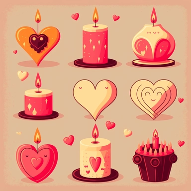 Create a set of playful, cartoon-style clip art images featuring candles with a Valentine's Day theme. The images should have a fun and romantic aesthetic, incorporating elements such as candles in various shapes and sizes, hearts and cupids, or other symbols of love and romance. The images should be depicted in a variety of styles and sizes, with added details such as texture, shading, or other realistic features. The cartoon style should add a fun and playful element. Overall, the images shoul