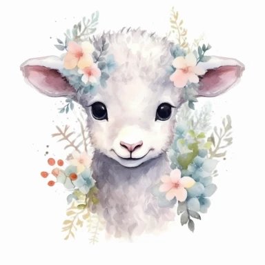 floral cute lamb clipart, original hand drawing, watercolor, understated and flawless for t shirt and cup printing, happy cute smily, transparent background, realistic painting, portrait without writing , style of the artwork, mood of the artwork, vector, contour , white background, 8K quality, ultra detailed , without signature and without meaningless lines, clipart, white background, High Quality, no writting background, no writting, ultra detailed, no symbol, without logo and emblem