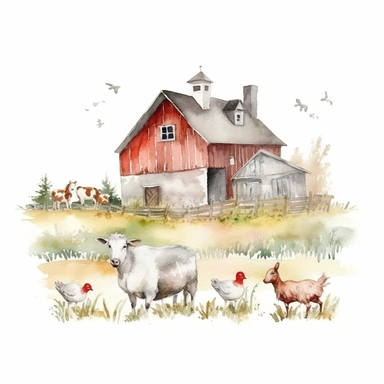 watercolor farm house clipart with meadow and some animals, white background, no comment, 8k