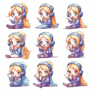 a watercolor Kawaii looking gamer chibi female character doing different emotional emoji expressions. On white background as clipart. 6 panels with very different poses.
