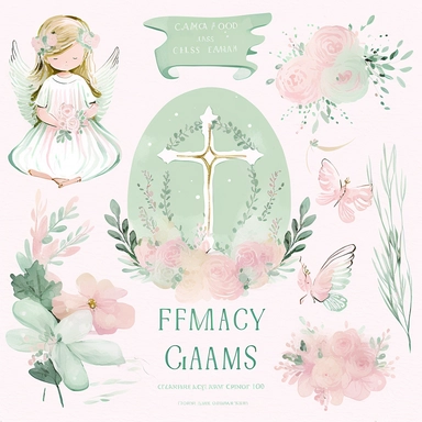 cliparts first communion baby angels , catholic cross , bible cute church props, soft colors boho minimalism, hight resolution watercolor illustrations pink and mint color pattern flowers background