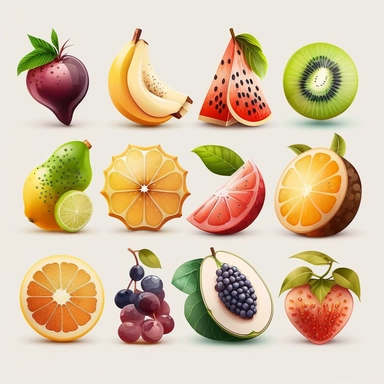 beautiful, 10 fruit stickers collection, clipart design, cartoon, 4k, white background, photo realism