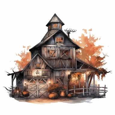 very detailed watercolor haunted halloween barn at night, country side, trees, ball of hey, svg graphics, in the style of realistic landscapes, j.c. leyendecker, monumental murals, colorized, white background, clipart, vintage cut-and-paste