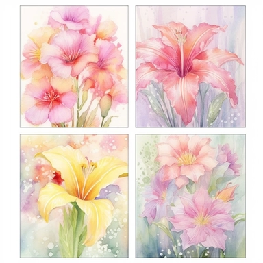 Create a breathtaking collection of ultra-detailed Watercolor Spring Flowers, capturing the essence of the vibrant and blossoming season. Showcase an array of enchanting spring blooms, from delicate daffodils to a variety of wild flowers, each delicately painted in watercolor. Embrace the soft pastel palette of spring, with gentle hues of pinks, purples, yellows, and greens that evoke a sense of freshness and renewal. Pay meticulous attention to detail, ensuring that each flower is meticulously 