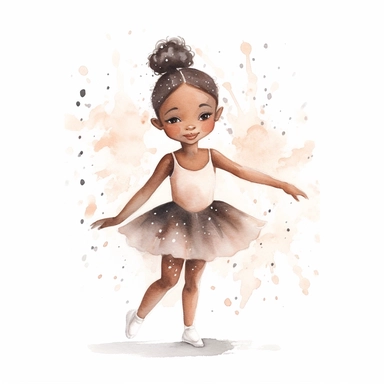 watercolor cute ballerina dancing, dark skin, wearing ballet slippers, clipart, white background, pixar style
