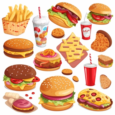 fastfood, clipart set, pizza, donut, hot dog, hamburger, cheeseburger, ice cream, popcorn, isolated on white background