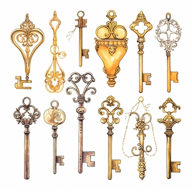 assorted gold keys inspired by Alice in wonderland watercolor illustration, design elements isolated on white background, vintage clip art - Image #4 <@1098423716465102849>