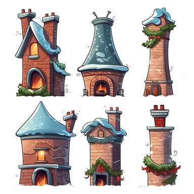 illustrations of different types of chimneys decorated for christmas season, png style, for clipart