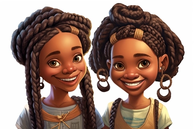Two beautiful African American child, black chubby cheecks, showing their artistic braided long hair fashioned, slightly smiling, clipart, nouveau style