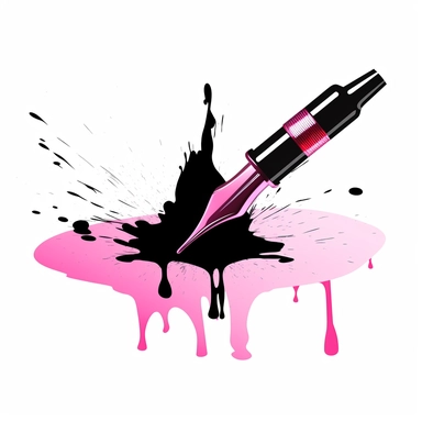clipart vector art of a pink fountain pen creating a black inkblot on a piece of paper, digital drawing with a transparent background,