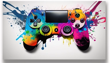 A striking oil painting of a bright white PS4 game controller clipart, adorned with a captivating assortment of RGB colors. The controller, depicted with bold and expressive brushstrokes, stands out against a pristine white background. Meticulously crafted for high-quality printing in ultra-high definition (UHD) and 4K resolution, this artwork exudes a sense of vibrancy and energy. To enhance the composition, a splash of paint in complementary hues is added behind the controller, creating an int