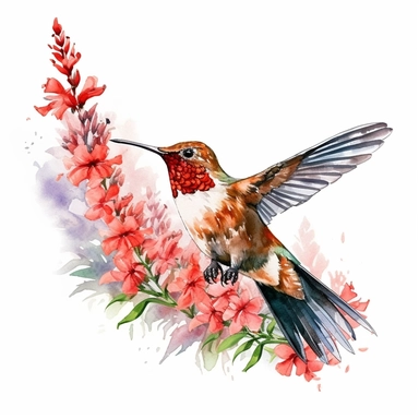 clipart style, Hummingbird in fly to Cardinal flowers bouquet, vibrant colors, watercolor style, white background