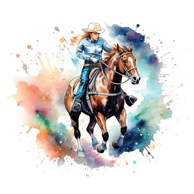 barrel racer illustration, nebular mix background, clipart, photorealistic illustration, watercolor, high detail, 8k polished, 8k, vibrant colors, sticker, majestic, die cut, white background