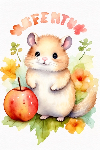 Create a watercolor clipart picture of a hamster next to an apple, white background. The hamster should have a cute and happy expression, with its fur depicted in soft watercolor textures. Surround the hamster with small flowers and greenery, adding a whimsical touch to the scene.