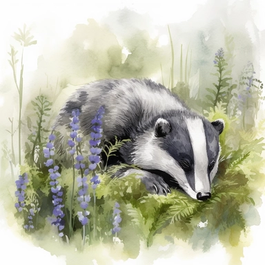 Watercolor clipart of a charming woodland badger, its black-and-white striped face and grey body distinctly portrayed, snoozing contentedly in a soft bed of moss, environment featuring delicate ferns and bluebell flowers, an atmosphere of comforting serenity and the cool calm of an early summer morning, Illustration, digital watercolor using a textured brush for a hand-painted effect,