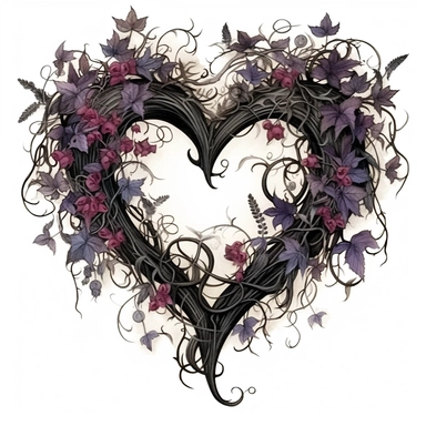 Create a poem that captures the eerie beauty of the Gothic Floral Heart Clipart. Explore themes of love, darkness, and rebirth as you paint a vivid picture of a forgotten garden where thorny vines entwine with delicate blossoms. clipart, white background