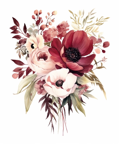 Tall floral bouquet in crimson, white, and black, reminiscent of Alabama University colors, depicted in a watercolor clipart. The flowers are large and bold, featuring roses, peonies, and poppies, with delicate green leaves and stems interspersed throughout