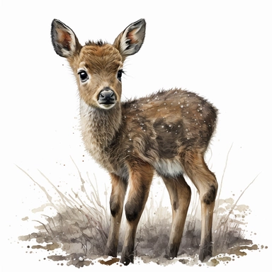 Woodland Animal Clipart Watercolor, cute, lovely, happy friendly full body furry brown grey baby deer, emotive eyes, intense gaze, looking straight, white background, no plants, no grass, nursery clipart
