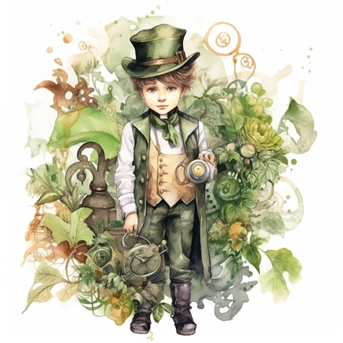Steampunk styled little boy at the garden with watercolor effect,unrealistic fantastic,white background,suitable for digital cliparts,fantastic scene,high quality,leaves,ivy,green plants