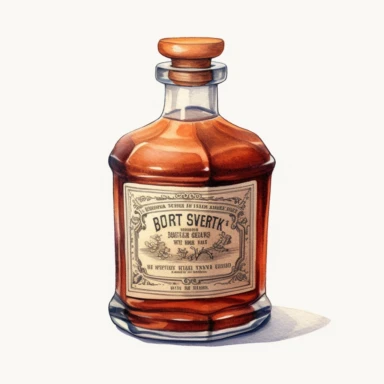 watercolor, hyper realistic, white background, white margins, 16k, ultra detailed clipart, cut out image, hand-drawn a classic apothecary bottle with a glass stopper, labeled with intricate typography and adorned with a label or seal. Use a warm and rich color scheme inspired by vintage medicine bottles, with shades of deep amber, antique brown, and subtle hints of gold.