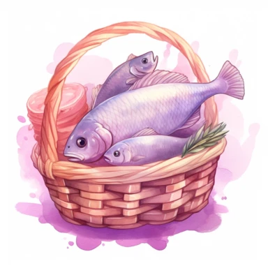 loaf of bread and fishes only in a basket, watercolor style light purple and light pink theme, clipart