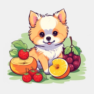 Clipart of a cute dog eating fruits kawaii style full multicolor white background