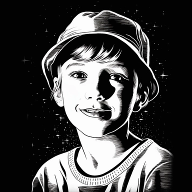 sketch clipart of 20s poster miracle boy, hd, white on black background, spaced out,--ar 3:2