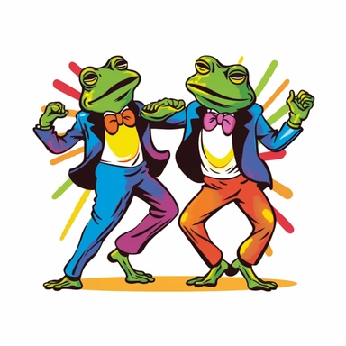 a cartoon image of two frogs dancing, retro rainbow clipart behind frogs, 1970s, gay civil rights imagery, vector, 2d flat, matte colors, white background