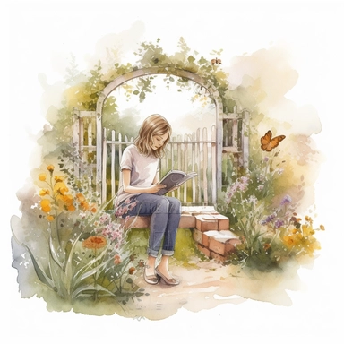 beautiful girl reading in a garden with floral fence, illustration for book lover, in the style of romantic academia, pretty, realistic watercolor paintings, transparent/translucent medium, natural colors, clipart, isolated on white background, pont-aven school, dusty piles, optical