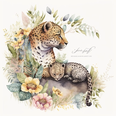 Mum & baby Animals Watercolor, Baby Animals, Leopard and baby, watercolor clipart, Tropical, forest, watercolor clipart, baby shower, transparent background, png, high detail, 8k - d, 32k