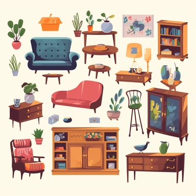 home furniture clipart set, sofa, chair, tv, lamp, rug, table, dining set, chest of drawers, bed, bunk bed, coffee table, plant, fish bowl, rocking chair, book case