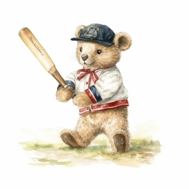 cute teddy bear wearing vintage cricket clothes and playing cricket on a cricket field on a great sunny day in England. Sublimation graphics, by Beatrix Potter, Watercolor clipart, single design, print on demand image, no watermark, PNG transparent background, white background, 8k