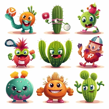 icons cactus monsters with sports activities at the clip art