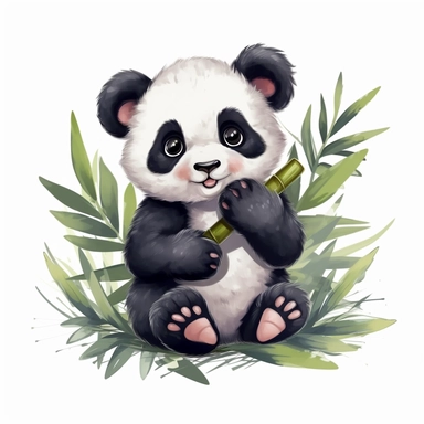cute fluffy baby panda eating bamboo, disney style, clipart on white background