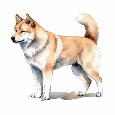 high detailed, Hand drawn watercolor side view clipart of walking Akita Inu dog, on a white backgroun