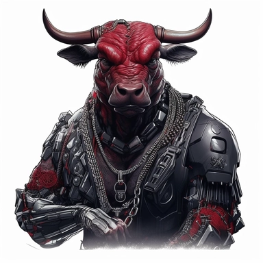 The image protrudes from the bottom edge. realistic picture of A red robotic bull warrior tatoo on the arm wearing a black shirt with a necklace and sunglasses slung over a firearm. all white background minimal simple clip art