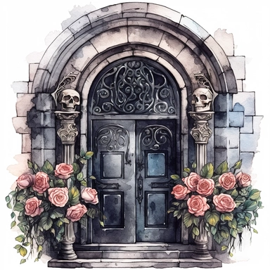 Gothic style porch door with watercolor effect,suitable for digital clipart,white background,gothic scene,gothic colors,gothic tools,gothic roses,skull,dark scene