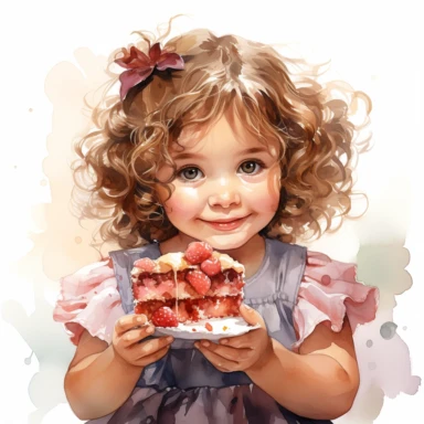 girl eating rhubarb cake watercolor clipart