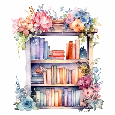 fantasy,cute,little,floral bookshelf with 5/6 books,digital watercolor,light colors,clipart,white background