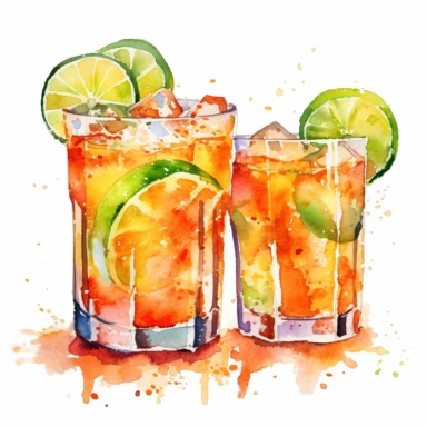 orange and lime margarita in highball glasses with salt and ice, individual images, watercolor clipart