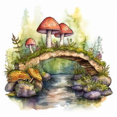 Illustrate a watercolor bridge crossing a gentle forest stream, decorated with enchanted forest elements such as mushrooms, ferns, and moss-covered logs. This design can be incorporated into various clipart compositions or used as a standalone element for