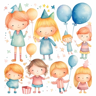 Craft a collection of childlike watercolor clipart birthday motifs that exude a sense of innocence and joy. Embrace a soft and dreamy style, reminiscent of artists like Mary Blair and Shirley Hughes, to evoke a nostalgic feeling. Incorporate charming elements like colorful balloons, confetti, cupcakes, and smiling animals, all portrayed with a gentle and hand-painted aesthetic. Let the colors be bright and lively, reflecting the exuberance of a child's birthday celebration.
