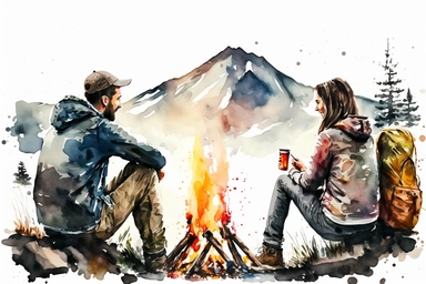 watercolor and pencil, camping, happy couple is sitting on opposite side of the camp fire and looking at each other, beautiful mountain behind, white background, isolated clipart, vibrant colors