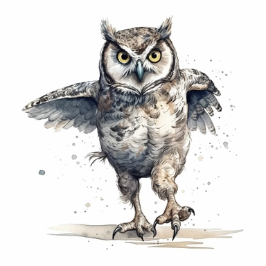 A Cute Happy Owl Walking.Watercolor hyper-realistic detailed animal illustrations, elegant inking techniques, delicate markings, monochromatic paintings, free brushwork, watercolor illustrations, painted illustrations Clipart, White Background